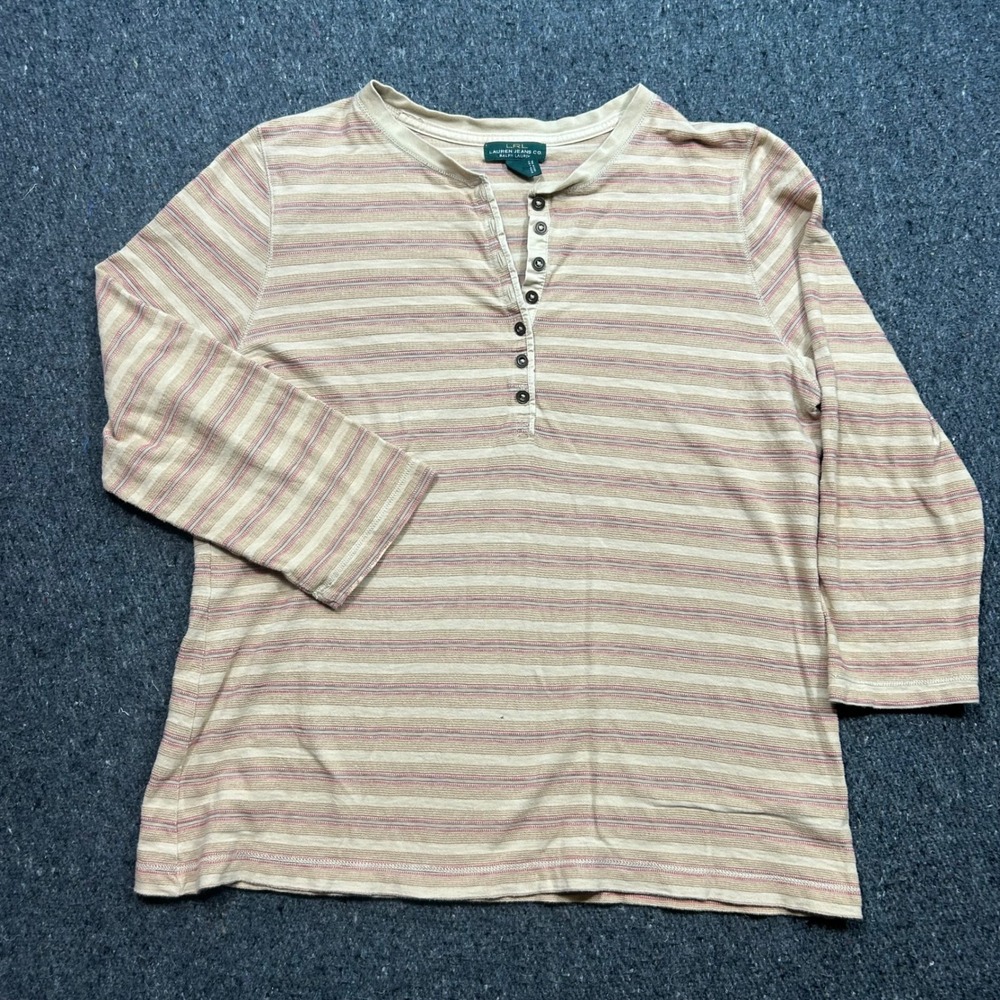 Lauren Jeans Co Ralph Lauren Henley Sz XL Womens Tan Pink Stripe Boho Preppy Top